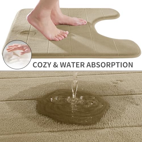 Yimobra Memory Foam Toilet Bath Mat U-Shaped, Soft and Comfortable, Super Water Absorbent, Non-Slip, Machine Wash and Easy to Dry for Bathroom Commode Contour Rug, 24 X 24 Inches, Light Tan
