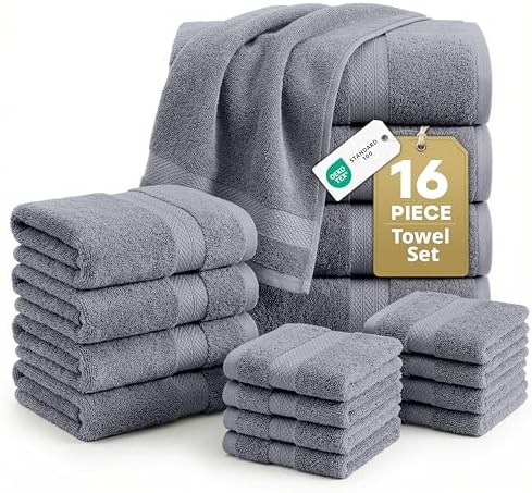 LANE LINEN Towel Set for Bathroom 16 Piece Soft Absorbent - Cool Grey