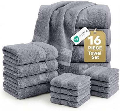 LANE LINEN Towel Set for Bathroom 16 Piece Soft Absorbent - Cool Grey