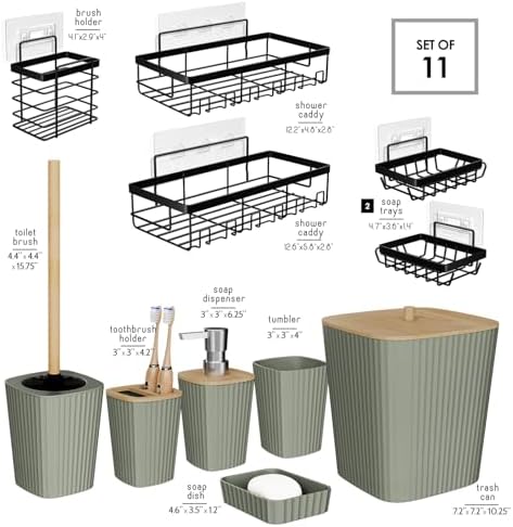 Clara Clark Bathroom Set - Sage Green Bathroom Accessories Set, 6PC Bathroom Accessory Set, Bathroom Sets with Adhesive Corner Shower Caddy Hanging, Toilet Brush, Trash Can & Soap Dispenser