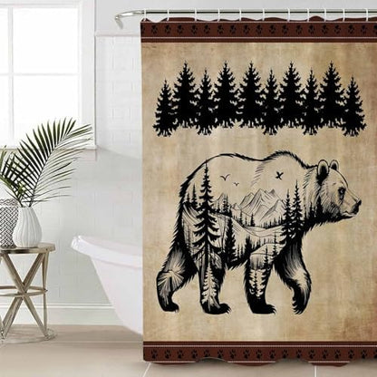Shower Curtain Bathroom Set Bear Forest Mountains Animal Silhouette Waterproof Shower Curtains with Grommets Hooks Vintage Brown Gradient Privacy Bath Curtain for Bathtub Decor 36x72in
