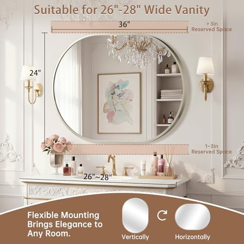 Brushed Nickel Mirror, 24"x36" Oval Bathroom Mirror, Oval Mirror