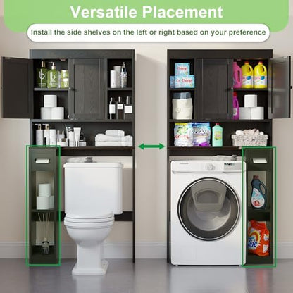 Over The Toilet Storage Cabinet with 7 Shelves, Imitation Walnut Grain Above Toilet Bathroom Organizer with Toilet Paper Holder Stand, Space Saver for Restroom, Laundry, Bathroom (Black)