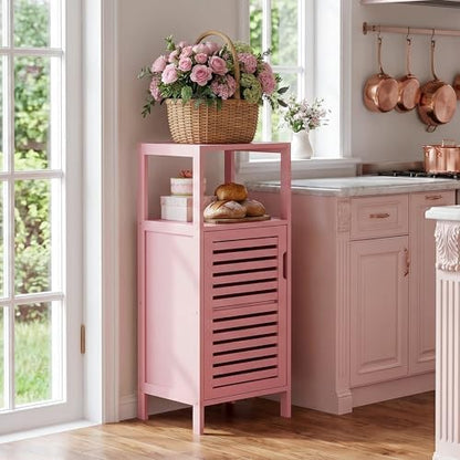 HITNET Small Bathroom Storage Cabinet, Bamboo Floor Cabinet Single Door, Freestanding Narrow Side Organizer for Living Room Hallway Entryway, Pink