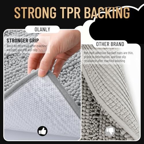 OLANLY Thick Bathroom Runner Rugs 59x20, Chenille Bath Rugs, Light Grey