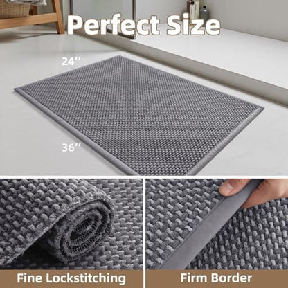 PADOOR-Bath Mat-Super Absorbent Chenille Bathroom Mats-Rubber Backed Bath Mats for Bathroom Non Slip, Easy Clean Bathroom Rugs Front of Bathtub,Shower Room,Sink-24×36, Grey&Darkgrey