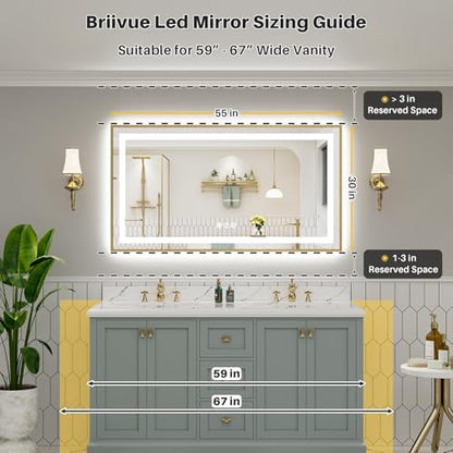 55x30 Inch LED Bathroom Mirror with Gold Frame, Backlit & Front Lit