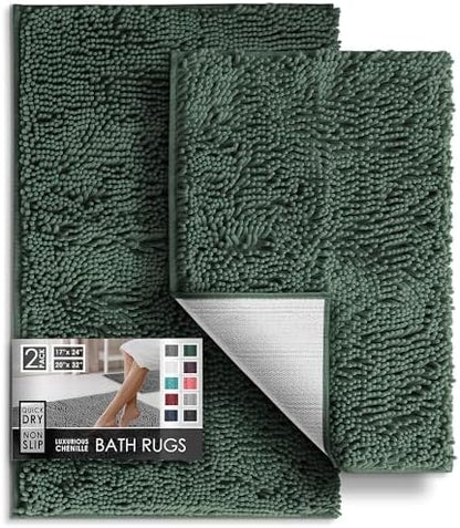 Hearth & Harbor Bathroom Rugs, Chenille Bath Mat - Machine Washable Bath Mats for Bathroom Non-Slip Backing Rubber, Quick Dry Bathroom Mat, 17 x 24 + 20 x 32 - Hunter Green