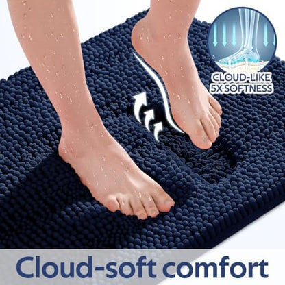 ACCUMTEK Striped Navy Blue Bathroom Rug Set 3 Pieces Ultra Soft, Non Slip Chenille Toilet Mat, Absorbent Plush Shaggy Bath Mats for Bathroom, Bedroom, Kitchen