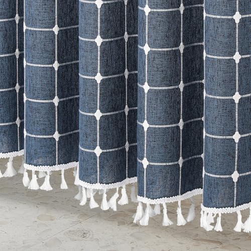 Boho Farmhouse Classic Plaid Linen Tassel Shower Curtain Navy Blue,72x84