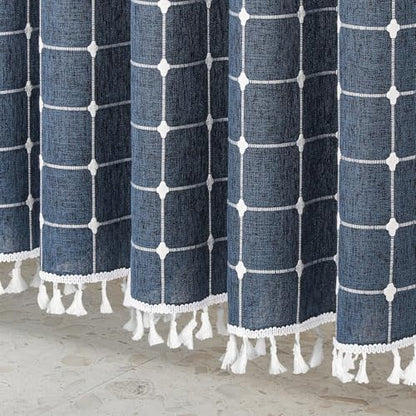Boho Farmhouse Classic Plaid Linen Tassel Shower Curtain Navy Blue,72x84