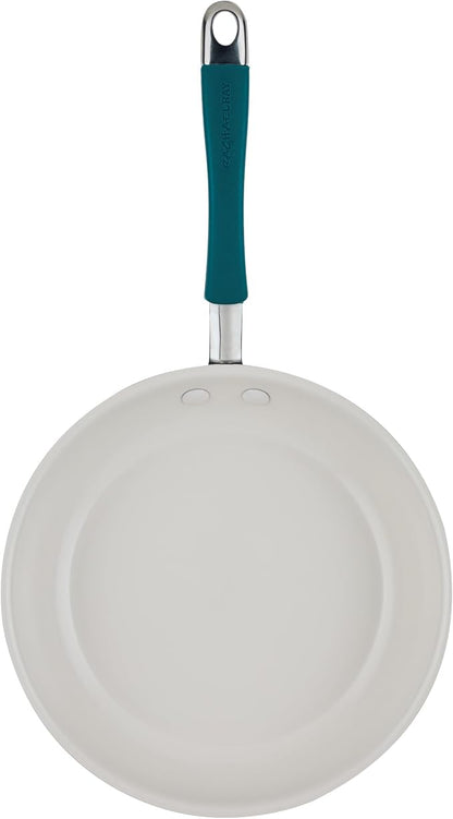 Rachael Ray Cucina Ceramic Nonstick Frying Pans/Skillet Set, Dishwasher Safe, 8.5 inch and 10 inch Open Fry Pans - Marine Blue