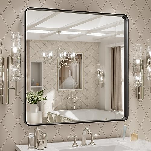 LOAAO 30x30 Inch Black Metal Framed Bathroom Mirror