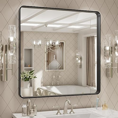 LOAAO 30x30 Inch Black Metal Framed Bathroom Mirror