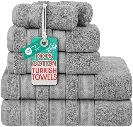 American Soft Linen Salem Turkish Bath Towel Set, 100% Cotton 600 GSM 6 Piece Towels for Bathroom, 2 Bath Towels 2 Hand Towels 2 Washcloths, Light Grey