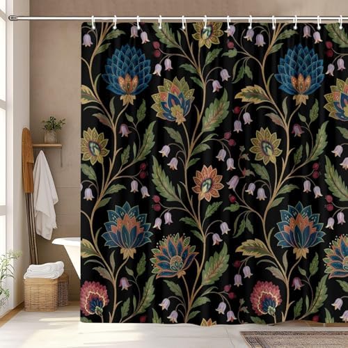 Vintage Floral Shower Curtain for Bathroom, Rustic Farmhouse Black and Teal Sage Green Boho Botanical Shower Curtains, Retro Cottagecore Wildflower Aesthetic Bath Curtain Set with Hooks， 72 x 84 Inch