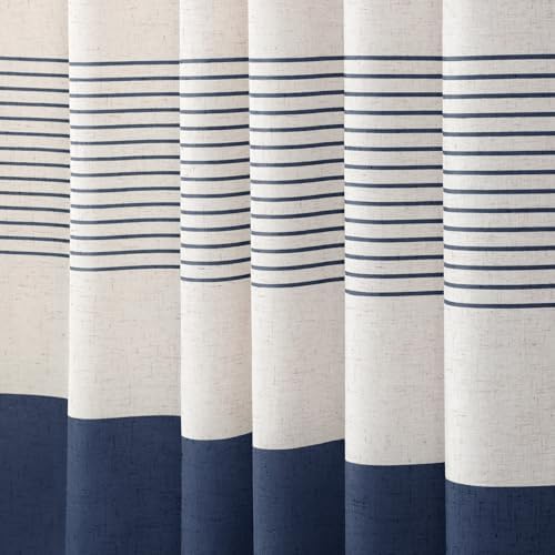 Navy Blue Coastal Ocean Linen Striped Shower Curtain with Tassel 72W X 84L
