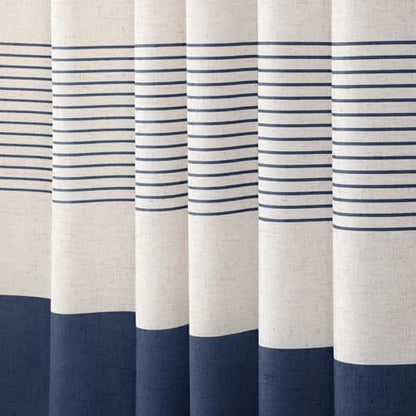 Navy Blue Coastal Ocean Linen Striped Shower Curtain with Tassel 72W X 72L