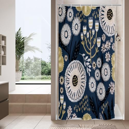 Boho Floral Shower Curtain, Dark Blue Botanical Fabric Curtain, 36 x 72