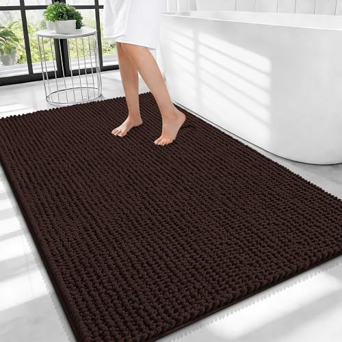OLANLY Thick Chenille Large Bathroom Rugs 40x32, Absorbent Bath Mat, Brown