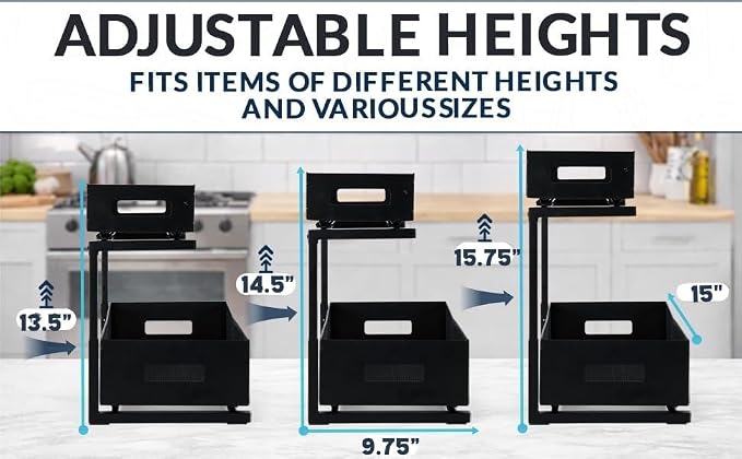 Under Sink Organizer Set of 2, Heavy Duty Matte Black Metal Cabinet Organizer with Retractable Shelves, Adjustable Height, Expandable Storage for Kitchen Bathroom and Laundry Room