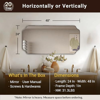 ANDY STAR 24x48 Inch Bathroom Mirror, Brushed Nickel Rectangle Mirror, Scalloped Mirror for Bathroom Sink, Rust-Poof Stainless Steel Thin Frame, Rounded Notched Corners Design