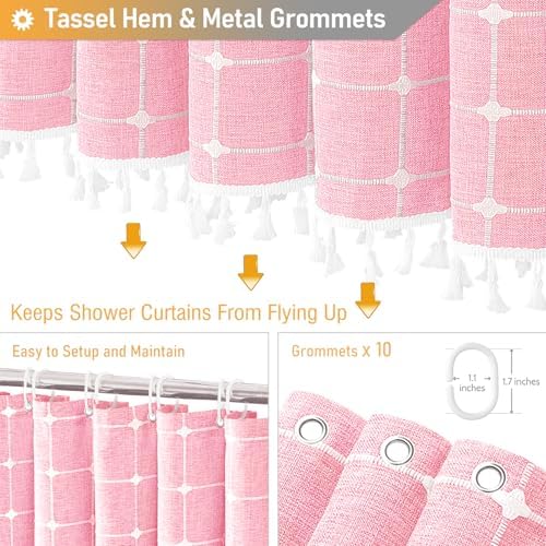 BTTN 54x78 Boho Farmhouse Linen Heavy Duty Fabric Shower Curtain Set, Pink