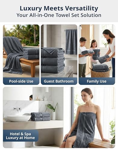 LANE LINEN Oversized Bath Sheets Set Absorbent Quick Dry 4 Pack - Cool Grey