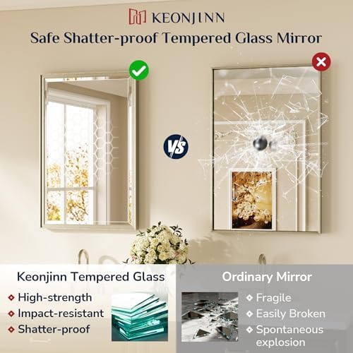 Keonjinn 40" x 30" Brushed Nickel Bathroom Vanity Mirror, HD Tempered Glass