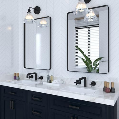 VocalStar Black Bathroom Mirror for Wall, 24 x 36 Inch Rounded Rectangle Metal Framed Bathroom Wall Vanity Mirror Farmhouse, 1/4-inch Shatterproof Glass | Ultra-Flush Hanging