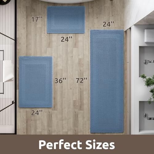 AMOAMI Waffle Bath Mat, Absorbent Bathroom Rugs Non Slip 17''x24'' Blue