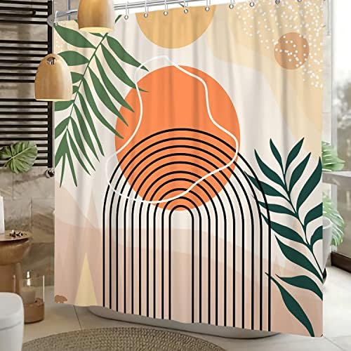 Boho Abstract Mid Century Shower Curtain Set - Geometric Leaves Neutral Modern - Green Plant Eucalyptus - Arch Sun Bathroom Curtain - 72x72 Inch