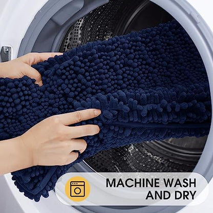 ACCUMTEK Upgrade Luxury Navy Blue Bathroom Rug Mat 48"x17", Ultra Soft Thick Absorbent Bath Mats, Non Slip Chenille Toilet Mat for Bathroom, Bedroom, Kitchen, Shower, Tub