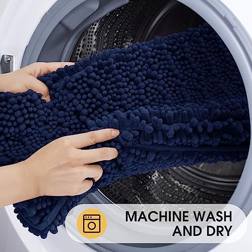 ACCUMTEK Upgrade Luxury Navy Blue Bathroom Rug Mat 32"x20", Ultra Soft Thick Absorbent Bath Mats, Non Slip Chenille Toilet Mat for Bathroom, Bedroom, Kitchen, Shower, Tub