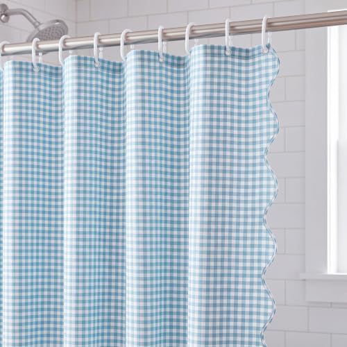 HunnmingRe Scalloped Gingham Shower Curtain Light Blue