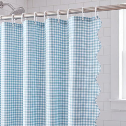 HunnmingRe Scalloped Gingham Shower Curtain Light Blue