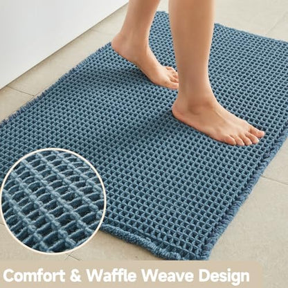 TYUU Waffle Bath Mat, Small Boho Bathroom Rugs Non Slip 24x16 Denim Blue
