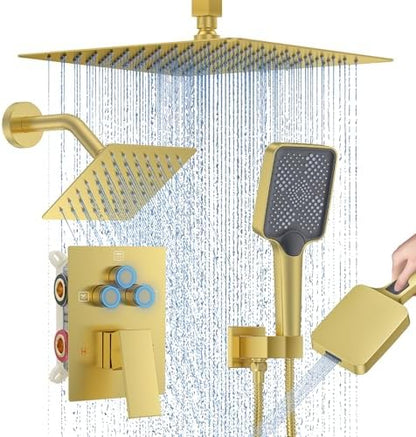 Shower Faucet Set, 12" Ceiling Mount Rainfall Shower System with 2 Rain Shower Head and Multi-function Handheld Head Push Button Diverter Shower Faucet Trim Kit (12", Brushed Gold)