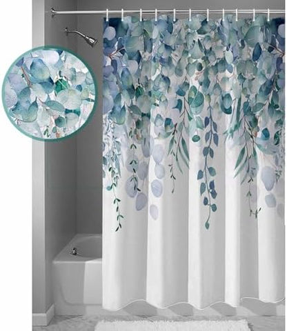 Shower Curtain Bathroom Set Country Eucalyptus Leaves Waterproof Shower Curtains with Grommets Hooks Watercolor Teal Green Leaf Privacy Bath Curtain for Bathtub Decor 72x78in