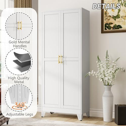 winiowa Metal Pantry Cabinet with 2 Doors and Adjustable Shelves - 71" Kitchen Storage Cabinet with Gold Handles - Versatile Storage for Kitchen, Bathroom, Dining Room, Utility Room - White