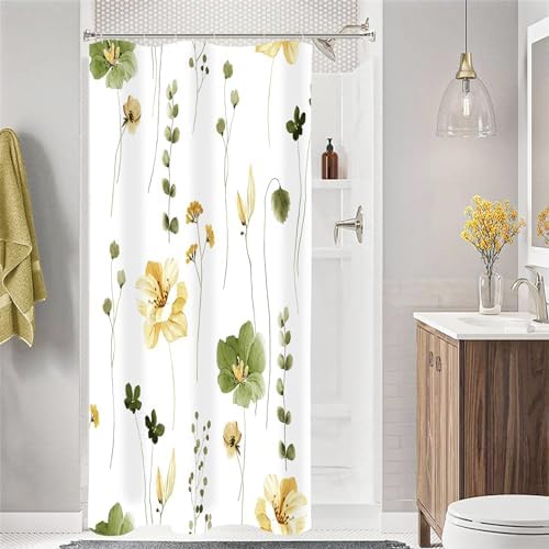 Gibelle Olive Green Beige Watercolor Floral Fabric Shower Curtain, 36x72