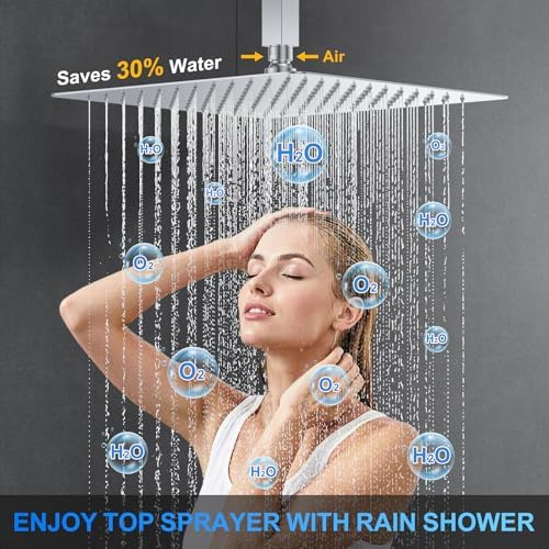 Shower Faucet Set, 12" Ceiling Mount Rainfall Shower System with 2 Rain Shower Head and Multi-function Handheld Head Push Button Diverter Shower Faucet Trim Kit (12", Polished Chrome)