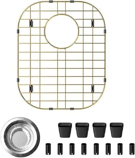 Gold Sink Protectors for Kitchen Sink 16.1"L X 13"W, Sink Rack for Bottom of Sink, Stainless Steel Sink Grid, Rust Resistant Metal Sink Protector with Sink Strainer