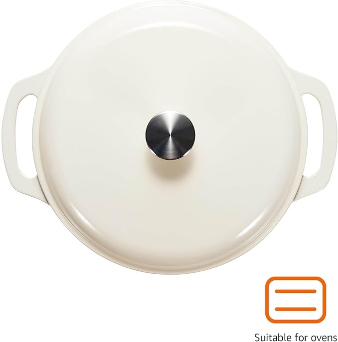 Amazon Basics Enameled Cast Iron Dutch Oven Pot with Lid, Round, Dual Handles, Heavy-Duty, Oven Safe for Stews, Roasting, Baking, 6-Quart, White