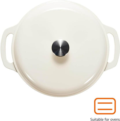 Amazon Basics Enameled Cast Iron Dutch Oven Pot with Lid, Round, Dual Handles, Heavy-Duty, Oven Safe for Stews, Roasting, Baking, 6-Quart, White