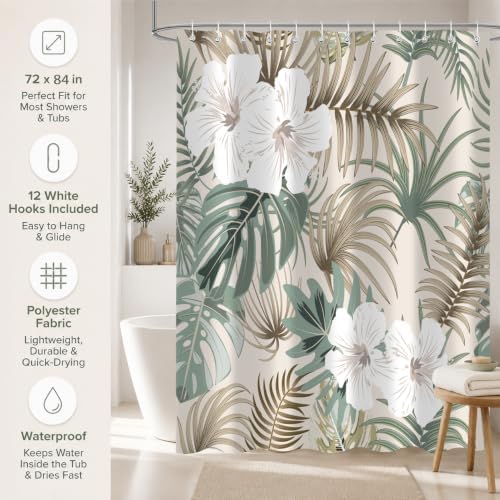 Tropical Shower Curtain for Bathroom, Green Palm Tree Flower Plant Boho Leaf Banana Monstera Sage Beige Shower Curtains Set, Fabric Bathroom Accessories with Hooks 72x84 Inch