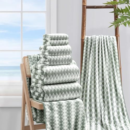 8 Piece Bathroom Towel Set Green |2 Oversized Large Bath Towels Sheet,2 Hand Towels and 4 Washcloths| 600GSM Ultra Soft Luxury Premium Towel Set Highly Absorbent Quick Dry Hotel Towel Collection