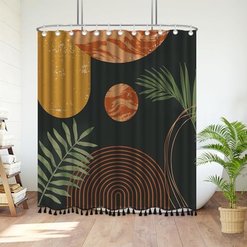 Boho Mid Century Leaf Shower Curtain Set,Arch Sun Design,Minimalistic Leaves Pattern,Waterproof and Luxurious Fabric-12 Hooks(Coffee Brown-72" x 84")