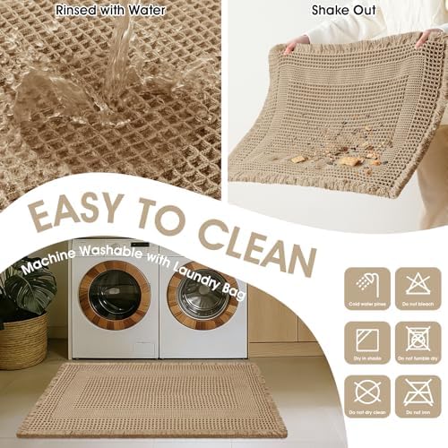 Upgraded Waffle Bath Mat Set 2 Piece Beige-Looped, Super Absorbent Non-Slip Quick Dry Bathroom Rugs with Tassels, Machine Washable Ultra Soft Boho Bath Rugs for Floor, Toilet Mats Boho Farmhouse Decor