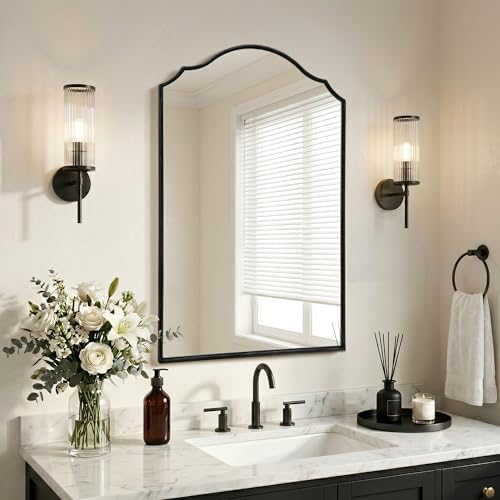 Besdomus Bathroom Mirrors for Over Sink: 24"x36" Black Wooden Arched Mirror